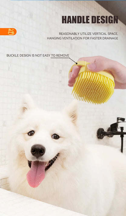 Dog & Cat Bathing Brush with Shampoo Dispenser – Soft Silicone Pet Massage & Grooming Tool