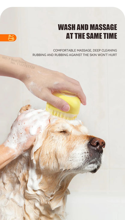 Dog & Cat Bathing Brush with Shampoo Dispenser – Soft Silicone Pet Massage & Grooming Tool