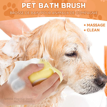 Dog & Cat Bathing Brush with Shampoo Dispenser – Soft Silicone Pet Massage & Grooming Tool