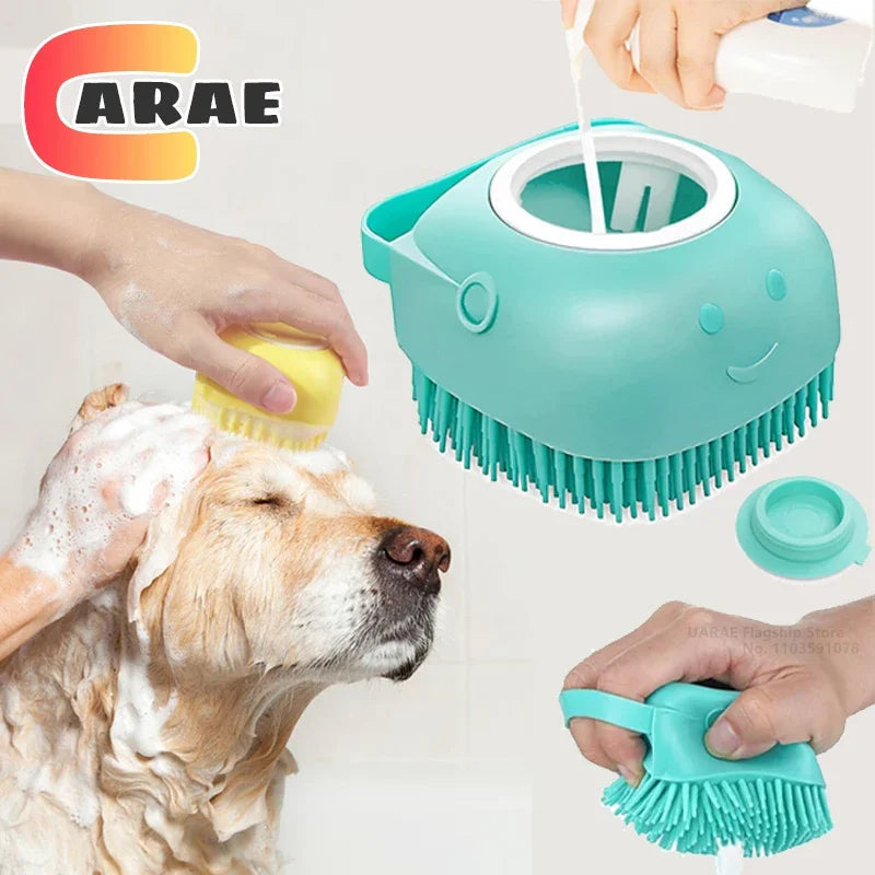 Dog & Cat Bathing Brush with Shampoo Dispenser – Soft Silicone Pet Massage & Grooming Tool