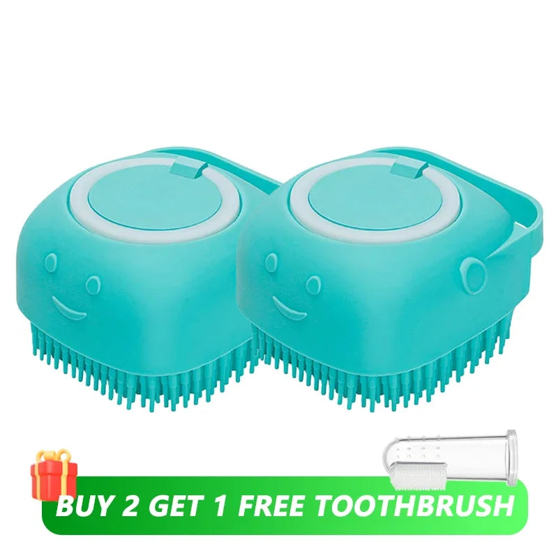 Dog & Cat Bathing Brush with Shampoo Dispenser – Soft Silicone Pet Massage & Grooming Tool