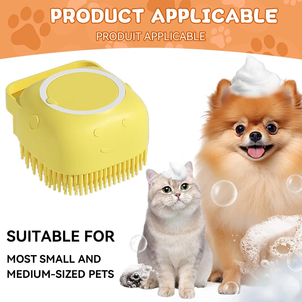 Dog & Cat Bathing Brush with Shampoo Dispenser – Soft Silicone Pet Massage & Grooming Tool
